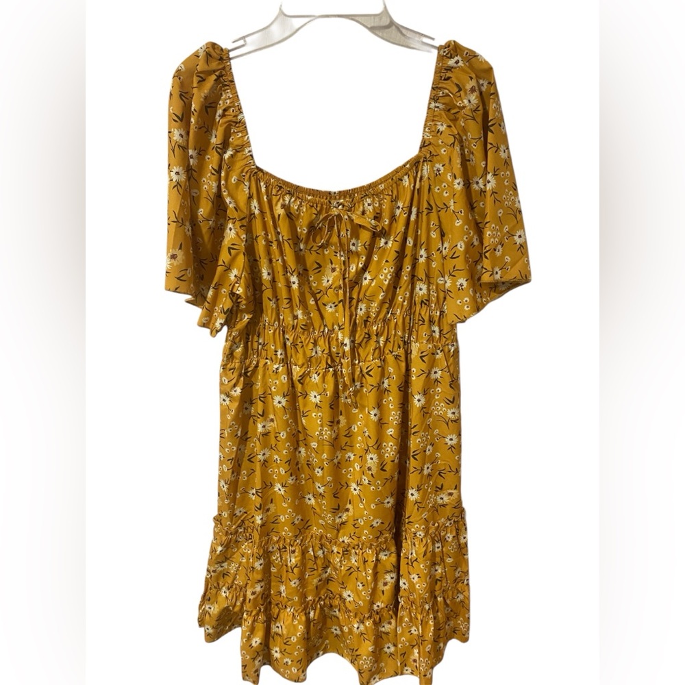 SHEIN Mustard Yellow Floral Tiered Midi Dress with Puff Sleeves
